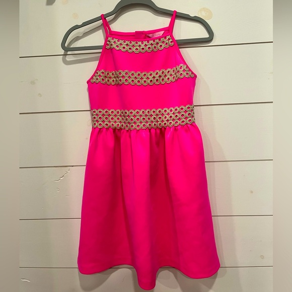 Lilly Pulitzer Girls Pink and Gold Elize Dress Appliqué Pockets - Picture 1 of 6